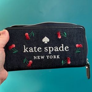 Kate Spade Ella Large Cherry Continental Wallet Denim Gently Used